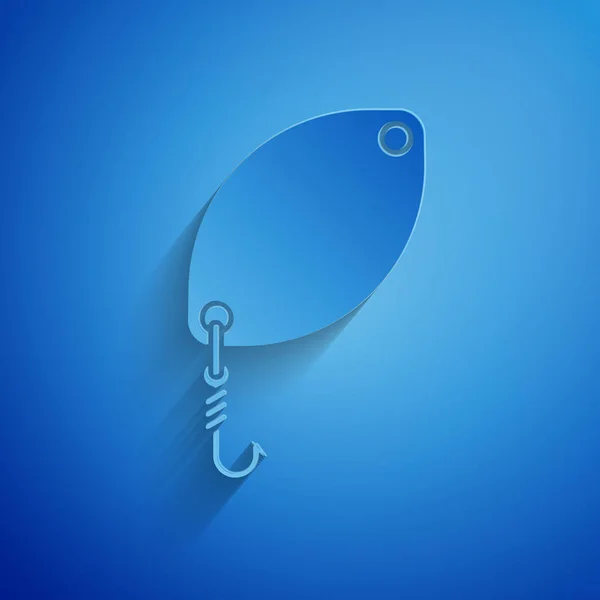 Paper cut Fishing spoon icon isolated on blue background. Fishing baits in shape of fish. Fishing tackle. Paper art style. Vector Illustration