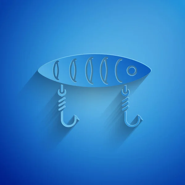 Paper cut Fishing lure icon isolated on blue background. Fishing tackle. Paper art style. Vector Illustration — Stock Vector