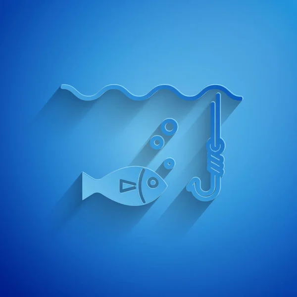 Corte de papel Gancho de pesca bajo el agua con icono de pescado aislado sobre fondo azul. Aparejos de pesca. Estilo de arte de papel. Ilustración vectorial — Vector de stock