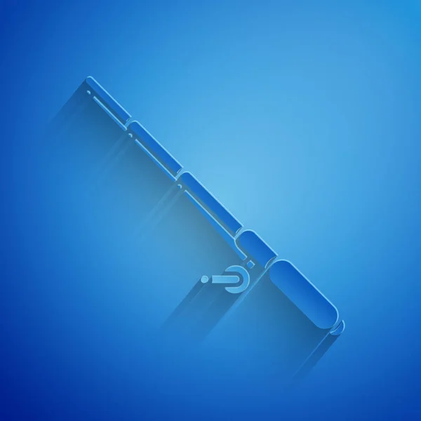 Papier knippen hengel pictogram geïsoleerd op blauwe achtergrond. Visuitrusting en visteelt onderwerpen. Papier kunststijl. Vector illustratie — Stockvector
