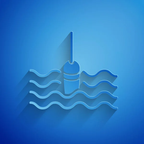 Paper cut Fishing float in water icon isolated on blue background. Fishing tackle. Paper art style. Vector Illustration