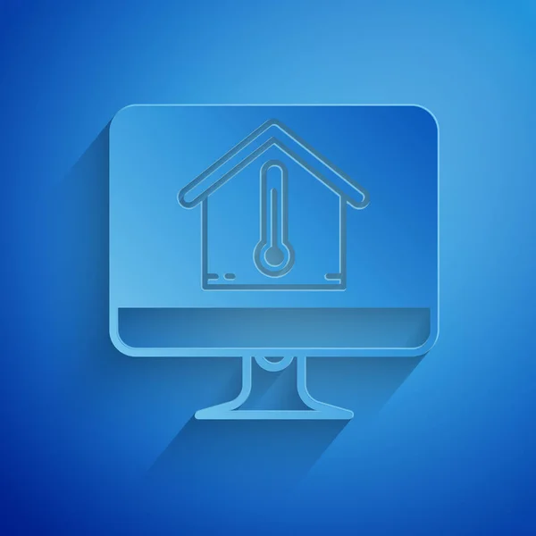 Corte de papel Monitor de ordenador con icono de temperatura de la casa aislado sobre fondo azul. Icono del termómetro. Estilo de arte de papel. Ilustración vectorial — Archivo Imágenes Vectoriales