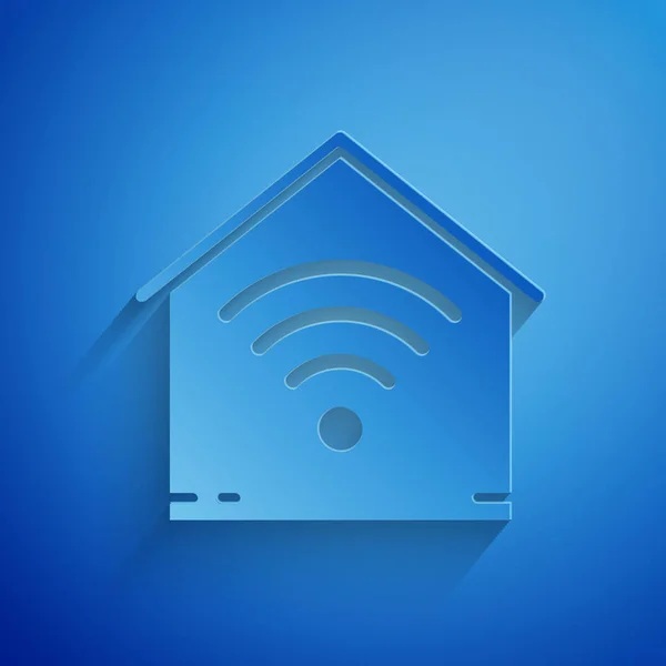 Papier découpé Smart home avec icône wi-fi isolée sur fond bleu. Télécommande. Style art du papier. Illustration vectorielle — Image vectorielle