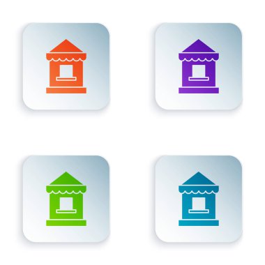 Beyaz arka planda yalıtılmış Renkli Bilet gişe simgesi. Konumlar ve spor için bilet satışı için bilet standı. Simgeleri renkli kare düğmelere ayarlayın. Vektör İllüstrasyonu