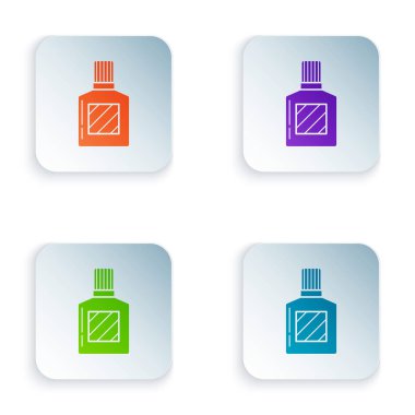 Beyaz arka planda yalıtılmış Renk Tıraş Sonrası simgesi. Köln sprey simgesi. Erkek parfüm şişesi. Simgeleri renkli kare düğmelere ayarlayın. Vektör İllüstrasyonu