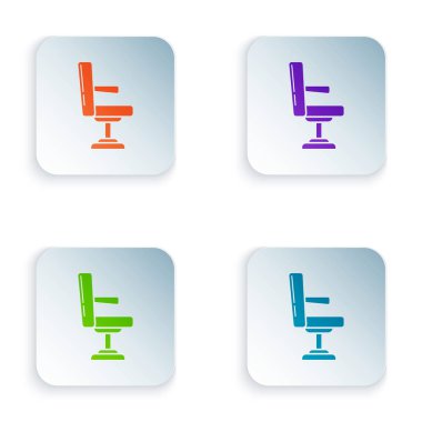 Beyaz arka plan üzerinde izole Renkli Barbershop sandalye simgesi. Berber koltuk işareti. Simgeleri renkli kare düğmelere ayarlayın. Vektör İllüstrasyonu