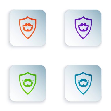 Beyaz arka planda izole kalkan simgesi üzerinde Renk Bıyık ve sakal. Berber dükkanı sembolü. Yüz saç stili. Simgeleri renkli kare düğmelere ayarlayın. Vektör İllüstrasyonu