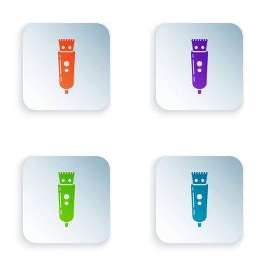 Beyaz arka planda yalıtılmış Renkli Elektrikli saç makası veya tıraş makinesi simgesi. Berber dükkanı sembolü. Simgeleri renkli kare düğmelere ayarlayın. Vektör İllüstrasyonu