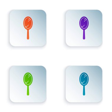 Beyaz arka planda yalıtılmış Renkli El ayna simgesi. Simgeleri renkli kare düğmelere ayarlayın. Vektör İllüstrasyonu