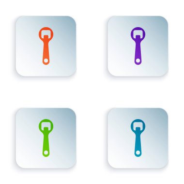 Beyaz arka planda yalıtılmış renk şişesi açıcı simgesi. Simgeleri renkli kare düğmelere ayarlayın. Vektör İllüstrasyonu
