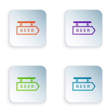 Beyaz arka planda izole yazıt Bira simgesi ile Color Street tabela. Reklam bar, kafe, pub, restoran için uygundur. Simgeleri renkli kare düğmelere ayarlayın. Vektör İllüstrasyonu