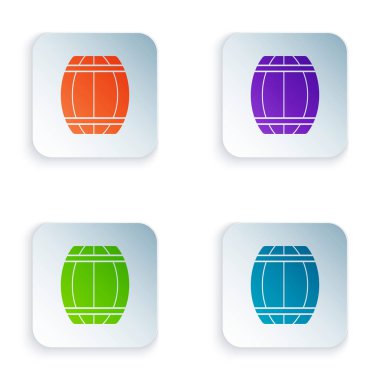 Beyaz arka plan üzerinde izole Renkli Ahşap varil simgesi. Alkollü fıçı, içki kabı, bira için ahşap fıçı, viski, şarap. Simgeleri renkli kare düğmelere ayarlayın. Vektör İllüstrasyonu