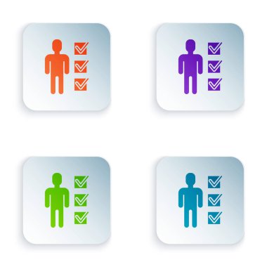 Beyaz arka planda izole iş elbisesi simgesi adam Renk Kullanıcı. İş avatarı sembolü kullanıcı profili simgesi. Erkek kullanıcı işareti. Simgeleri renkli kare düğmelere ayarlayın. Vektör İllüstrasyonu
