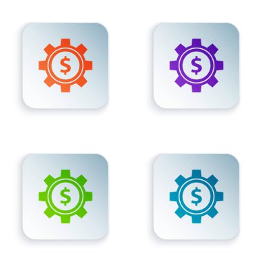 Beyaz arka planda yalıtılmış dolar sembolü simgesi ne renk dişli. İş ve finans kavramsal simgesi. Simgeleri renkli kare düğmelere ayarlayın. Vektör İllüstrasyonu