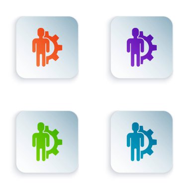 Beyaz arka plan üzerinde izole simgesi içinde dişli ile Renk İnsan. Yapay zeka. Beyin işaretini düşünmek. Beynin sembol çalışması. Simgeleri renkli kare düğmelere ayarlayın. Vektör İllüstrasyonu