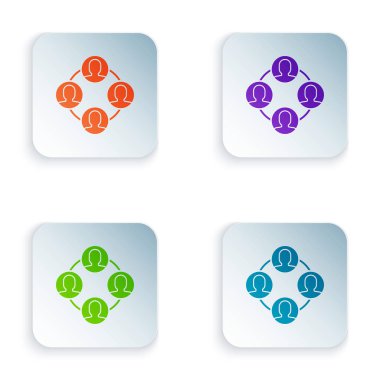 Beyaz arka planda yalıtılmış Renk Projesi takım taban simgesi. İş analizi ve planlaması, danışmanlık, ekip çalışması, proje yönetimi. Simgeleri renkli kare düğmelere ayarlayın. Vektör İllüstrasyonu