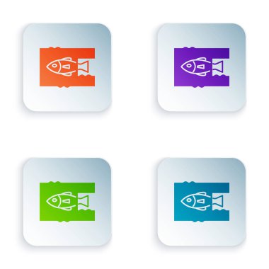 Beyaz arka plan üzerinde izole Color Stop okyanus plastik kirliliği simgesi. Çevre koruma konsepti. Balıklar plastiğe hayır der. Simgeleri renkli kare düğmelere ayarlayın. Vektör İllüstrasyonu