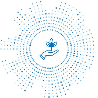 Mavi çizgi Bitki beyaz arka plan üzerinde izole çevre koruma simgesi elinde. Tohum ve fide. Fidan dikimi. Ekoloji kavramı. Soyut daire rasgele nokta. Vektör İllüstrasyonu