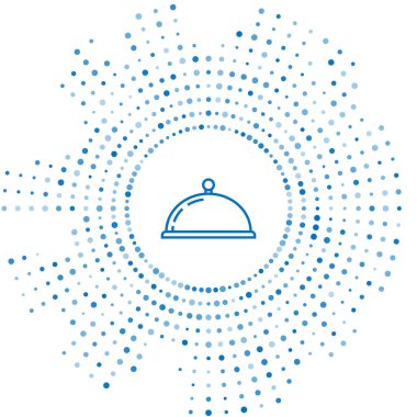 Mavi çizgi beyaz arka plan üzerinde izole gıda simgesi bir tepsi ile kaplı. Tepsi ve kapak işareti. Kapaklı restoran cloche. Mutfak gereçleri sembolü. Soyut daire rasgele nokta. Vektör İllüstrasyonu