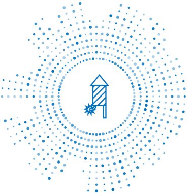 Mavi çizgi Havai fişek roket simgesi beyaz arka plan üzerinde izole. Eğlenceli parti kavramı. Patlayıcı piroteknik sembol. Soyut daire rasgele nokta. Vektör İllüstrasyonu