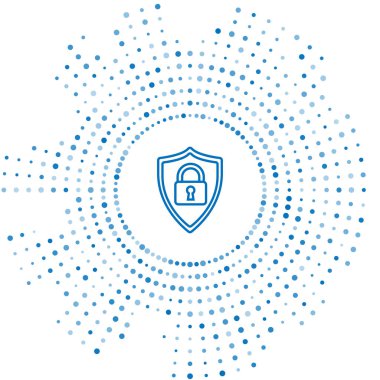 Beyaz arka planda yalıtılmış kilit simgesine sahip Mavi çizgi Shield güvenliği. Koruma, güvenlik, şifre güvenliği. Güvenlik duvarı erişim gizlilik işareti. Soyut daire rasgele nokta. Vektör İllüstrasyonu
