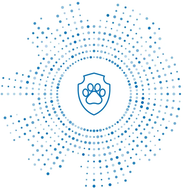 Línea azul Icono del seguro de salud animal aislado sobre fondo blanco. Icono de protección para mascotas. Huella de pata de perro o gato. Puntos aleatorios de círculo abstracto. Ilustración vectorial — Archivo Imágenes Vectoriales