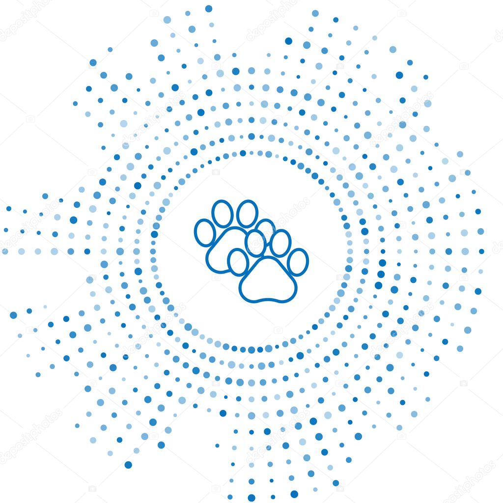 Blue line Paw print icon isolated on white background. Dog or cat paw print. Animal track. Abstract circle random dots. Vector Illustration