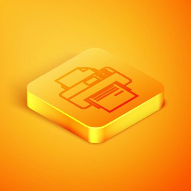 Turuncu arka planda yalıtılmış İzometrik çizgi Yazıcı simgesi. Turuncu kare düğme. Vektör İllüstrasyonu