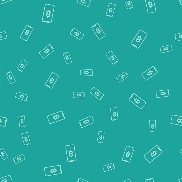 Groene telefoon mobiele en cryptogeld Coin Bitcoin pictogram geïsoleerd naadloze patroon op groene achtergrond achtergrond. Fysieke bit munt. Blockchain gebaseerde Secure crypto-valuta. Vector illustratie — Stockvector