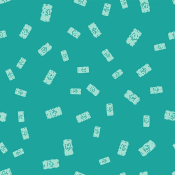 Groene mobiele telefoon met Smart House en gloeilamp pictogram geïsoleerd naadloos patroon op groene achtergrond. Vector illustratie — Stockvector