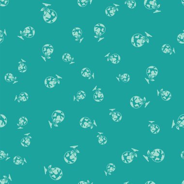 Yeşil Dünya küre ve bitki simgesi yeşil arka plan üzerinde izole dikişsiz desen. Dünya veya Dünya işareti. Geometrik şekiller. Çevre kavramı. Vektör İllüstrasyonu