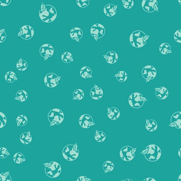 Yeşil Dünya küre ve yaprak simgesi yeşil arka plan üzerinde sorunsuz desen izole. Dünya veya Dünya işareti. Geometrik şekiller. Çevre kavramı. Vektör İllüstrasyonu