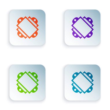 Beyaz arka planda yalıtılmış Renkli Bilet simgesi. Lunapark. Simgeleri renkli kare düğmelere ayarlayın. Vektör İllüstrasyonu