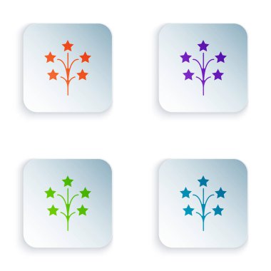 Beyaz arka planda yalıtılmış renkli havai fişek simgesi. Eğlenceli parti kavramı. Patlayıcı piroteknik sembol. Simgeleri renkli kare düğmelere ayarlayın. Vektör İllüstrasyonu