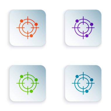 Beyaz arka plan üzerinde çekim rekabet simgesi için Renk Hedef spor. Atış poligonu veya tabanca atışı için numaralarla hedefi temizleyin. Simgeleri renkli kare düğmelere ayarlayın. Vektör İllüstrasyonu