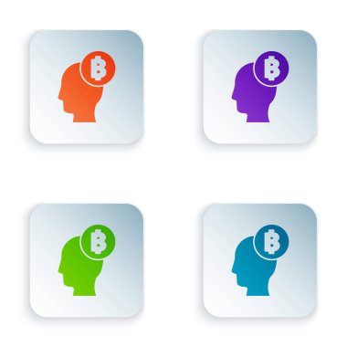 Renkli Bitcoin simgesi beyaz arka plan üzerinde izole düşünüyorum. Kripto para birimi başkanı. Blockchain teknolojisi, dijital para piyasası, kripto para cüzdanı. Simgeleri renkli kare düğmelere ayarlayın. Vektör İllüstrasyonu