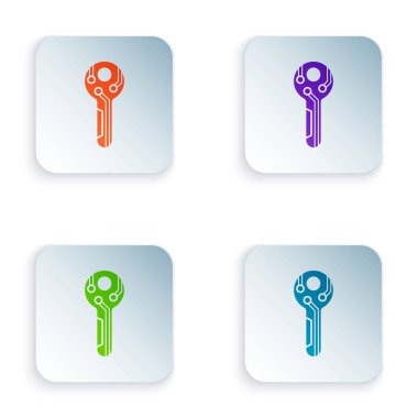 Beyaz arka planda yalıtılmış Renk Cryptocurrency anahtar simgesi. Siber güvenlik veya özel anahtar kavramı, teknoloji arayüzü ile dijital anahtar. Simgeleri renkli kare düğmelere ayarlayın. Vektör İllüstrasyonu
