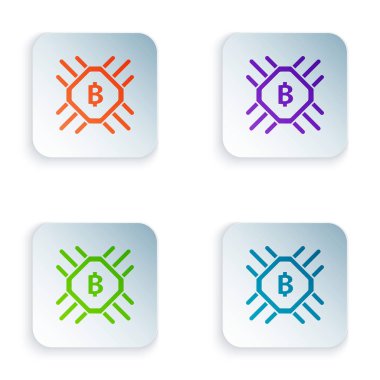 Beyaz arka planda yalıtılmış Renk Cpu madenciliği çiftlik simgesi. Bitcoin işlemci içinde işareti. Kripto para madenciliği topluluğu. Dijital para. Simgeleri renkli kare düğmelere ayarlayın. Vektör İllüstrasyonu