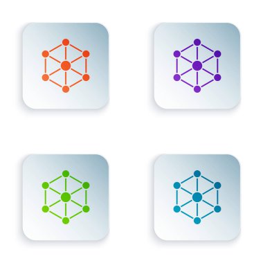 Beyaz arka planda Color Blockchain teknolojisi simgesi. Kripto para birimi verileri. Soyut geometrik blok zincir ağ teknolojisi iş. Simgeleri renkli kare düğmelere ayarlayın. Vektör İllüstrasyonu