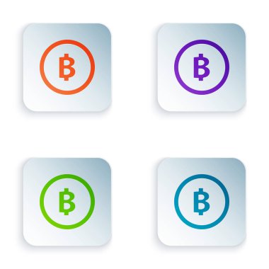 Beyaz arka planda yalıtılmış Renkli Cryptocurrency sikke Bitcoin simgesi. Fiziksel biraz para. Blockchain tabanlı güvenli kripto para birimi. Simgeleri renkli kare düğmelere ayarlayın. Vektör İllüstrasyonu