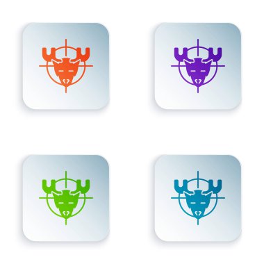 Beyaz arka plan üzerinde izole artı işareti simgesi ile geyik üzerinde Renk Avı. Geyik ve hedef ile Avcılık kulübü logosu. Tüfek merceği bir geyiği hedef almış. Simgeleri renkli kare düğmelere ayarlayın. Vektör İllüstrasyonu