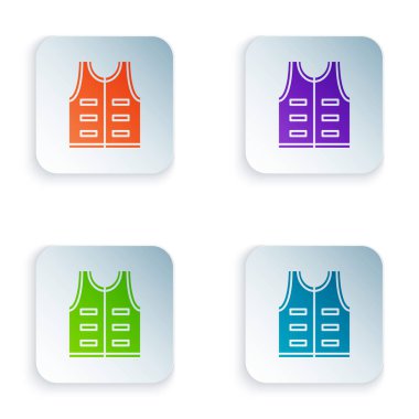 Beyaz arka planda yalıtılmış Renk Avcılık ceket simgesi. Av yeleği. Simgeleri renkli kare düğmelere ayarlayın. Vektör İllüstrasyonu