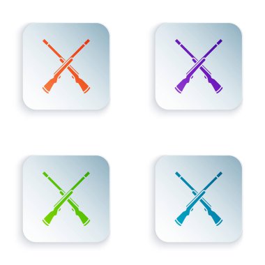 Renk İki beyaz arka plan üzerinde izole av tüfeği simgesi çapraz. Av silahı. Simgeleri renkli kare düğmelere ayarlayın. Vektör İllüstrasyonu