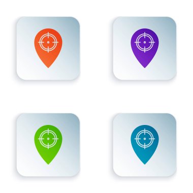 Renk Avı yeri simgesi beyaz arka planda yalıtılmış. Navigasyon, işaretçi, yer, harita, gps, yön, yer, pusula, iletişim, arama. Simgeleri renkli kare düğmelere ayarlayın. Vektör İllüstrasyonu