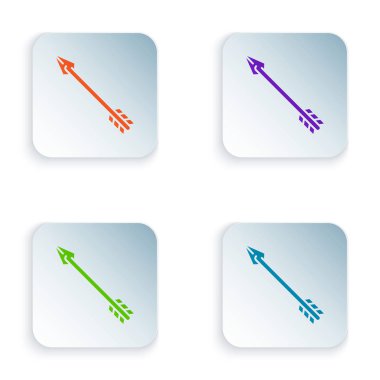 Beyaz arka planda yalıtılmış renk Hipster ok simgesi. Simgeleri renkli kare düğmelere ayarlayın. Vektör İllüstrasyonu