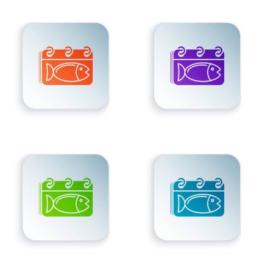 Beyaz arka planda izole edilmiş bir balık simgesiyle Renkli Takvim. Balık günü. Simgeleri renkli kare düğmelere ayarlayın. Vektör İllüstrasyonu