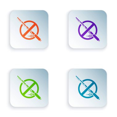 Renk Beyaz arka planda yalıtılmış balıkçılık simgesi yok. Yasaklama işareti. Simgeleri renkli kare düğmelere ayarlayın. Vektör İllüstrasyonu
