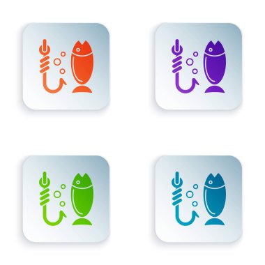 Beyaz arka planda yalıtılmış Renkli Balıkçılık simgesi. Balık ve kanca. Strateji kavramı. Yem işareti. Simgeleri renkli kare düğmelere ayarlayın. Vektör İllüstrasyonu