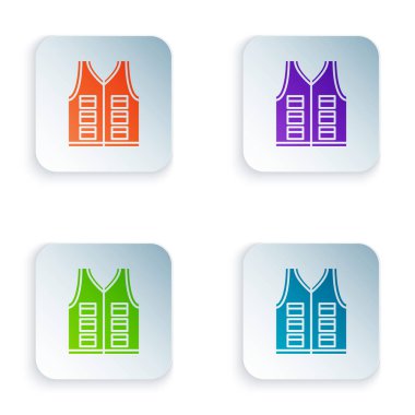 Beyaz arka planda yalıtılmış Renkli Olta ceket ikonu. Balıkçı yeleği. Simgeleri renkli kare düğmelere ayarlayın. Vektör İllüstrasyonu