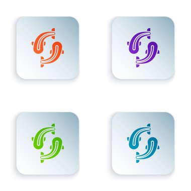 Beyaz arka planda yalıtılmış Renkli Balık simgesi. Simgeleri renkli kare düğmelere ayarlayın. Vektör İllüstrasyonu